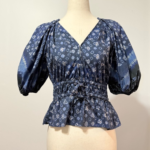 ❤️ Ulla Johnson Navy Blue Patterned Blouse | Small | Puff Sleeve & Waist Details - Picture 4 of 6
